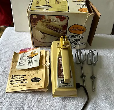 Vintage Sunbeam Burst Of Power Mixmaster Hand Mixer 3-73 Harvest Gold 1976 IOB • $24