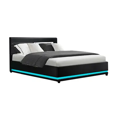 $412 • Buy Artiss Lumi LED Bed Frame PU Leather Gas Lift Storage - Black Double