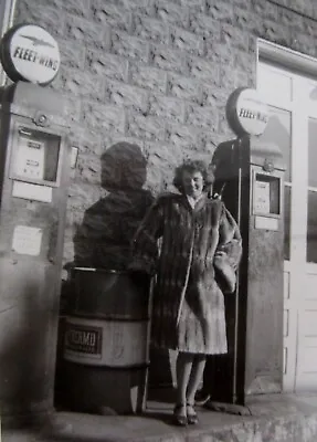 Vintage Fleet-Wing Oil Gas Station Pump Globe Lady Mink Coat Photo 1940s • $27.38