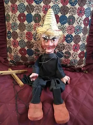 Vintage Witch Scary Looking Marionette String Puppet Straw Haired   • $9.75