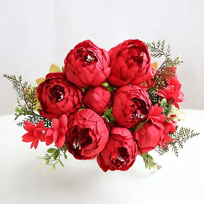 13 Heads Silk Peony Artificial Fake Flowers Wedding Bouquet Home Party Decor • £6.98
