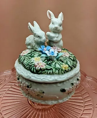 Round Easter Trinket Box With Bunny Rabbits And Flowers On Lid • $14