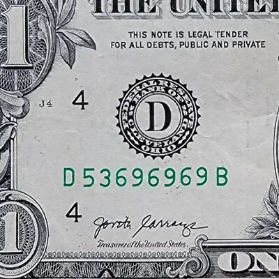 2017 $1 Mini Super Repeater 69 X 3 Times Fancy Serial Number D-B Block  • $6.99