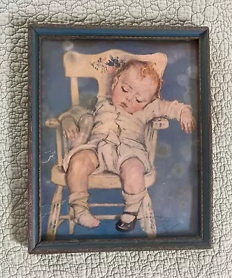 Framed Vintage Maud Towsey Fangel Print Sleeping Baby In Chair • $10.50