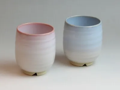 Hagi Yaki Ware Yunomi Japanese Pottery Tea Cup Set Of 2Tsubomi Blue And Pink • $69
