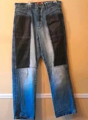 Vtg Akademiks BLACK Leather Patchwork  Bleach Baggy BLUE Jeans Size 36 • $49.99