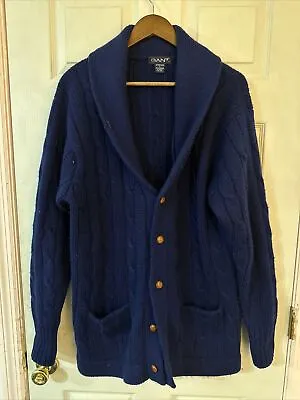 Men’s Vintage  Gant Cardigan 100% Wool Knitted Shawl Collar Navy • $25