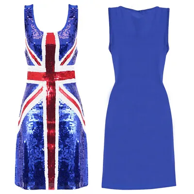 Ladies Union Jack Sequin Dress Royal Pop Star Great Britain Costume Fancy Dress • £20.99