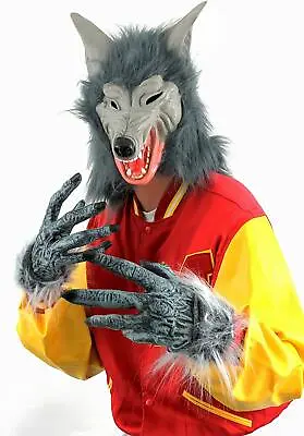 Wolf Mask And Hands Costume Halloween Werewolf Fancy Dress  Overhead Cosplay • £17.09
