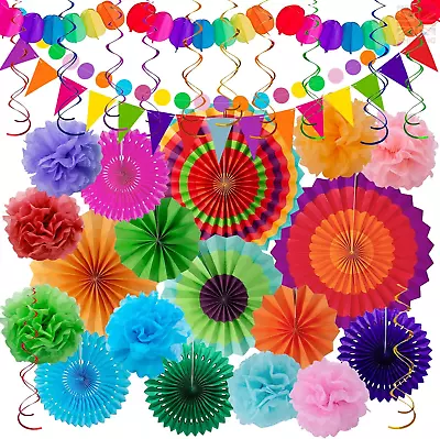 Fiesta Party Decorations - 33pcs Colorful Mexican Themed Hanging Paper Fans • £18.16