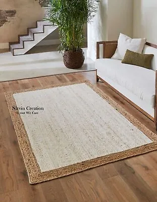 White Rug Jute Carpet Mat Farmhouse Natural Handmade Braided Rustic Look • $35.50