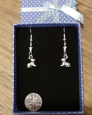 £3.99 • Buy BNWOT Antique Silver Colour Star & Bunny Rabbit Charm Drop Earrings-Easter