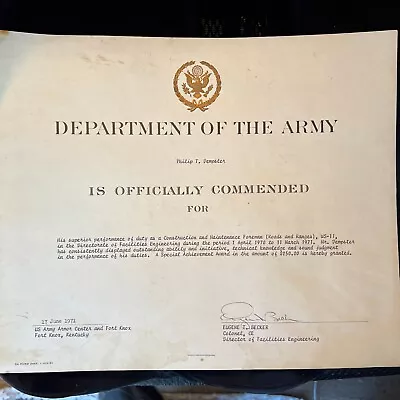 1971 Vietnam War Dept Of Army US Special Achievement Commendation Certificate • $14