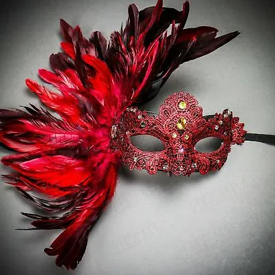 Venetian Halloween Masquerade Costume Red Feather Women Mardi Gras Party Mask • $25.99