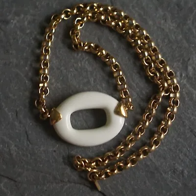 Vintage Necklace By Monet - White Openwork Pendant Chain Links - Gold Tone Metal • $16.24