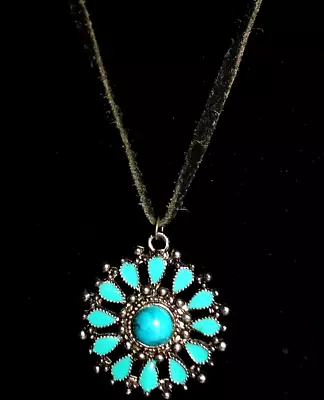 Vintage Turquoise Silver Starburst Pendant Necklace Enameled Metal Teardrop 12  • $24.95