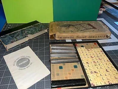 Vintage SCRABBLE TRAVEL GAME Metal Board 99 Magnetic Pieces 1957 • £28.94