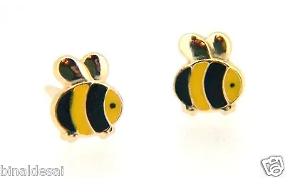 9ct Gold Small Enamel Bumble Bee Studs Earrings Kids Girls B'day X'mas GIFT BOX • £18.75
