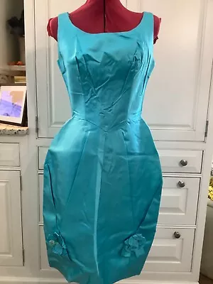 Vintage 40-50s Formal Blue Turquoise Satin Bridesmaid Prom Dress Size 13 • $49