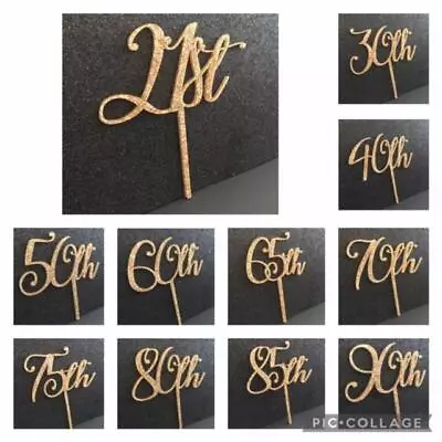 Happy Birthday Cake Topper Gold Glitter Acrylic 21 30 40 50 60 65 70 75 80 85 90 • £3.80