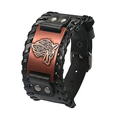Mens Punk Norse Viking Wolf Head Leather Wristband Cuff Bracelet Adjustable Gift • $9.99