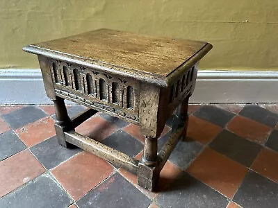 Antique Oak Carved Jointed Lidded Box Stool Sewing Side Table. • £149