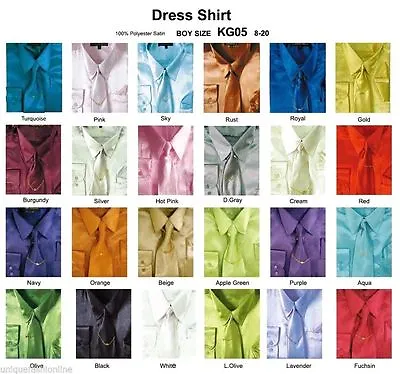 Kid's & Boy's Shiny Satin Casual Dress Shirts SET W/Tie & Hanky Long Sleeve KG05 • $15.99