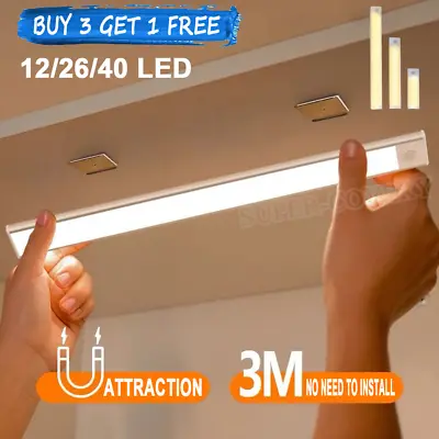 LED PIR Motion Sensor Strip Light Magnetic Cabinet Closet USB Rechargeable Lamp • £5.95