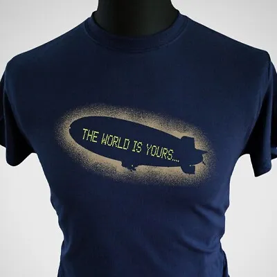 Scarface The World Is Yours T Shirt Retro Movie Gangster Blimp Airship Blue • £14.99