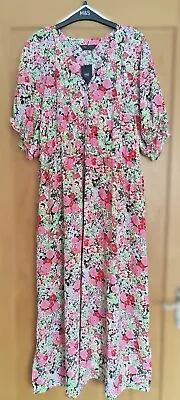 M&S Floral V-Neck Midi Waisted Dress UK 22 Reg • £18.99