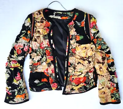 Zara Woman Floral Colorfull Open Front Long Sleeve Cropped Jacket Sz S • $45.99