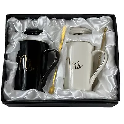 Mr & Mrs Porcelain Ceramic Coffee Cups With Lid And Golden Spoon Wedding Gift • $17.99