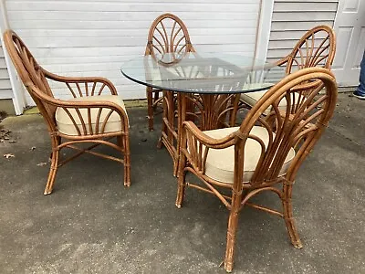 Vintage Bamboo Dining Set 4 Chairs + Table Boho Chippendale Regency Rattan • $495