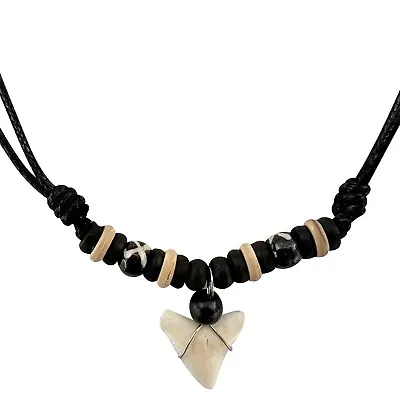 Shark Tooth Pendant Necklace Wood Beaded Black Cord Chain Mens Womens Jewellery • £4.99