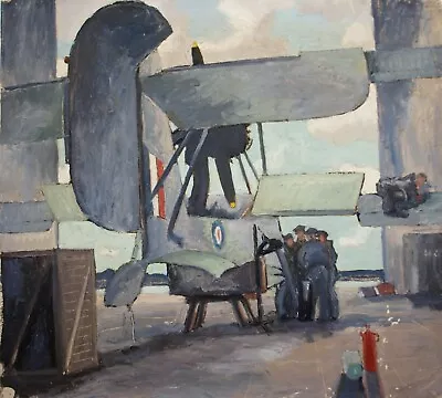 John Hornbuckle. Oil Painting. Figures Working On Biplane WWII Naval Aviation • £135