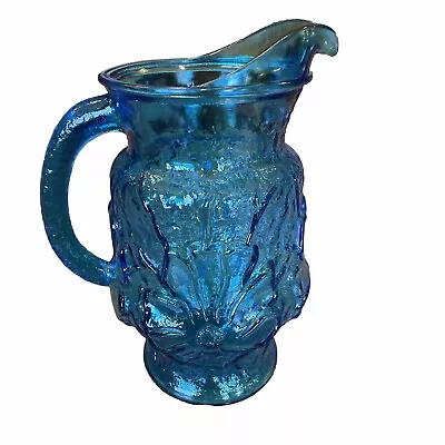 Large Pitcher Vase W/ Handle Floral Pattern Vintage Blue Glass MCM 10” Textured • $18.99