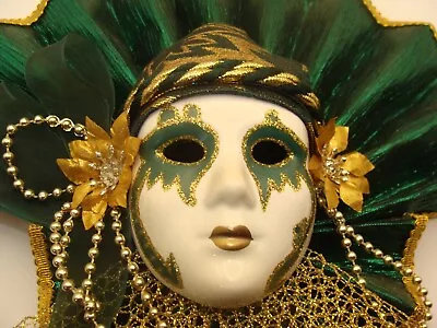 Mardi Gras Head Jester Porcelain Face Mask Wall Hanging Decor~15”~VGC ~Green~ • $14