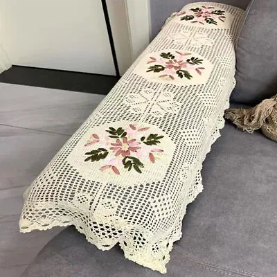 15 X47  Vintage Hand Crochet Lace Table Runner Embroidered Dresser Scarf Doily • $14.79