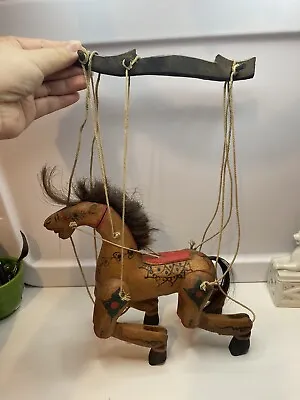 Vintage Thailand Folk Art Hand Made Painted Wood Horse Marionette String Puppet • $45