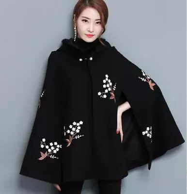 Women's Vintage Style Embroidery Black Cape Coat Wool Blend Cloak Jacket Outwear • $86