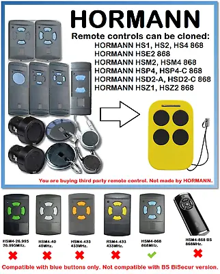 HORMANN/GARADOR HSM2 HSM4 868 Universal Remote Control Duplicator 868.35MHz. • £10.49