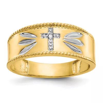 10K Yellow Gold .01ct. Diamond Trio Mens Cross Wedding Band Ring • $387