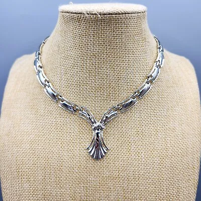 1950s CORO (C) Polished Silver Tone Lavalier Fan Drop  Choker Necklace 17  • $35.45