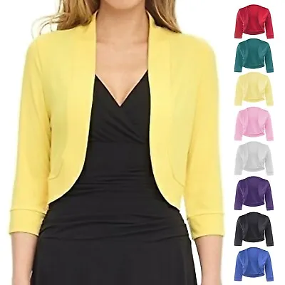 Women's 3/4 Sleeve Open Front Cropped Bolero Cardigan Shrug Sweater Jacket • $17.93