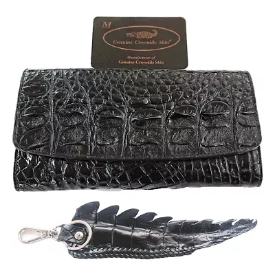 Genuine Real Crocodile Alligator Bone Skin Leather Trifold Clutch Black Wallet • $75