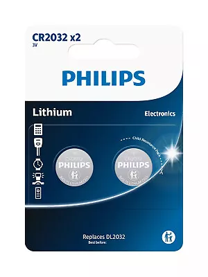 2x Philips CR2032 Lithium Coin Cell DL 2032 3V Battery Car Key Fobs Toys Remote • £3.75
