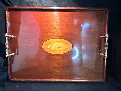 Antique Edwardian Mahogany & Maple Inlaid Shell Rectangle Serving Tray W/Handles • $274.99