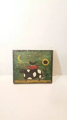 Vintage Primitive  Folk Cow W/ Bird On Head Watermelon On Wood Small Painting • $18.99