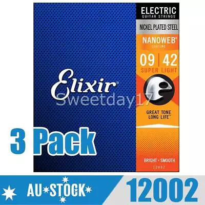 3 Pack Elixir 12002 Nanoweb Coated Electric Guitar Strings Super Light 9-42 NEW • $39.65