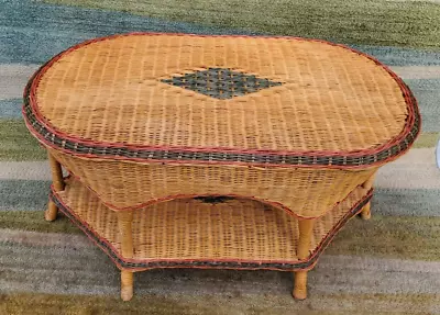 Vintage Colorful & Natural Rattan Wicker 2-Tier Coffee Table Shabby Boho Chic • $159.98